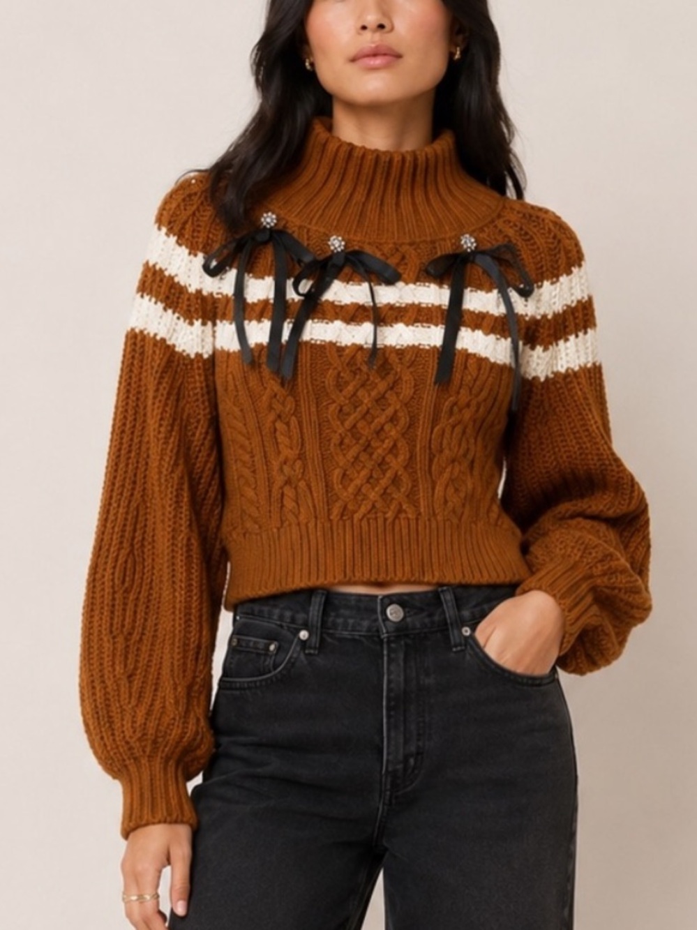 MAEVE • Anthropologie Balloon Sleeve Bow Detail Chunky Knit Turtleneck Sweater